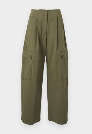Pantalon cargo vert olive en tissu léger, doté d'une taille haute, de grandes poches latérales et d'une coupe ample à jambes droites.