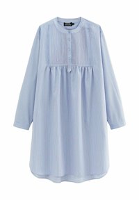 Chemise à manches longues bleu clair avec des rayures verticales, encolure ronde, patte de boutons, détail plissé à l'avant et ourlet incurvé. Design minimaliste.