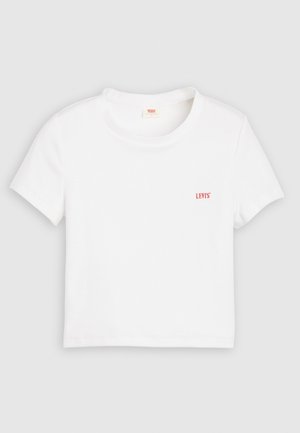 Tricou alb cu mânecă scurtă, confecționat din bumbac cu textură nervurată. Are un mic logo roșu "LEVI'S" pe partea stângă a pieptului.