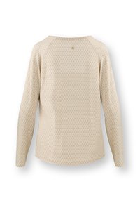 Beige Langarmoberteil mit einem Diamantmuster, runder Ausschnitt und einem kleinen goldenen Akzent auf der Rückseite. Weicher Stoff mit lockerer Passform.