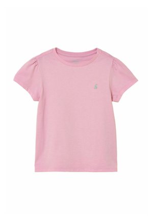 Jasnoróżowy t-shirt dla malucha z krótkim rękawem, bufkami na ramionach i małym miętozielonym haftowanym logo na lewej piersi.