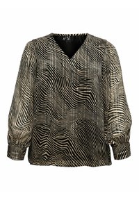 Blouse noire et beige avec un col en V, présentant un motif rayé ondulé, de longues manches bouffantes et un tissu léger et texturé.