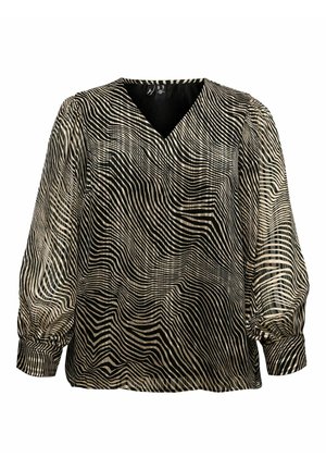 Svart och beige blus med V-ringning, med ett vågmönster, långa puffärmar och ett lätt, texturerat tyg.