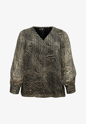 Blouse noire et beige avec un col en V, présentant un motif rayé ondulé, de longues manches bouffantes et un tissu léger et texturé.