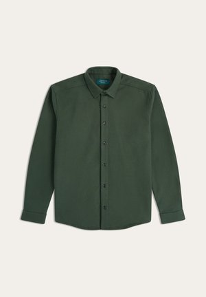 Donkergroen overhemd met kraag, lange mouwen en zwarte knopen. Gladde textuur en gestructureerd ontwerp met gestikte schoudernaden.