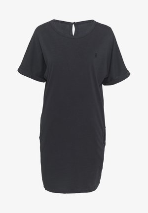 Czarna, krótka sukienka na co dzień z podwiniętymi mankietami, okrągłym dekoltem i małym guzikiem z tyłu.