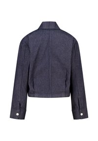 Korte jas van donkerblauwe stof met verticale witte strepen. Heeft een puntige kraag, lange mouwen en knoopmanchetten.