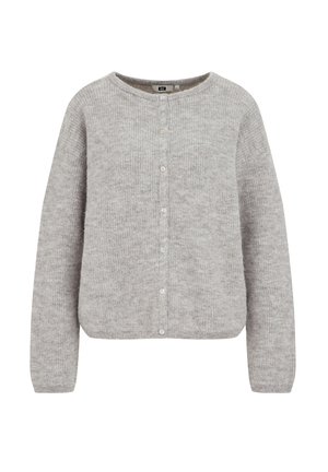 Grauer gestrickter Cardigan mit einem runden Ausschnitt, Knopfverschluss und langen Ärmeln. Aus einem weichen, strukturierten Stoff mit einer lockeren Passform.