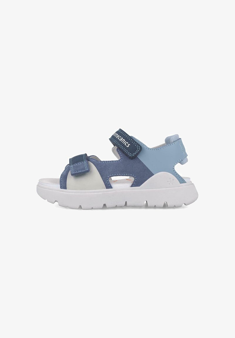Sandal in blu e azzurro con lati aperti, fasce in velcro e suola in gomma bianca. Presenta un camoscio testurizzato e dettagli lisci.