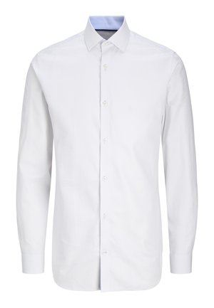 Hvit herreskjorte med lange ermer, subtilt rutemønster og blå innvendig krage, knappet foran og spiss krage.