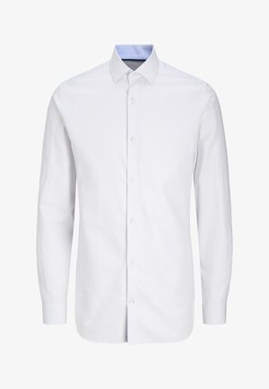 Meeste valge pika varrukaga kleitshirt peene ruudumustriga ja sinise sisemise kaelusega, ees nööbitav ja terava kraega.