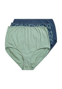 Drie paren high-waisted ondergoed: één lichtgroen, één donkerblauw met een geometrisch patroon en één marineblauw. Zachte stof, elastische taillebanden.