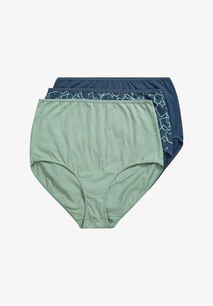 Drei Paare von hochgeschnittenen Unterhosen: eine hellgrüne, eine dunkelblaue mit geometrischem Muster und eine marineblaue. Weicher Stoff, elastische Bündchen.