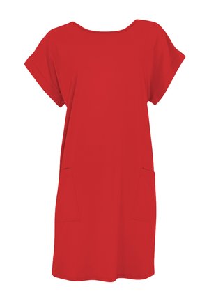 Punane lühikeste varrukatega vabaajameelne kleit ümmarguse kaeluse ja kahe ees oleva plaastritaskuga, sirge lõikega ja põlvpikk.