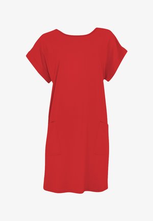 Punane lühikeste varrukatega vabaajameelne kleit ümmarguse kaeluse ja kahe ees oleva plaastritaskuga, sirge lõikega ja põlvpikk.