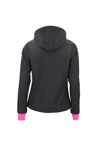 Sort hættetrøje med tekstureret øverste ryg og ærmer, prydet med pink manchetter. Glat stof med en tætsiddende pasform.