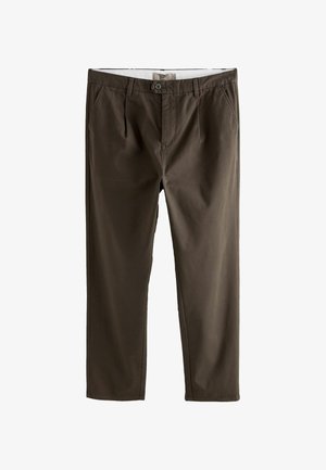 Brown cotton chinos with a straight cut, featuring two front pockets, a button closure, and a smooth texture. No visible patterns or accents.