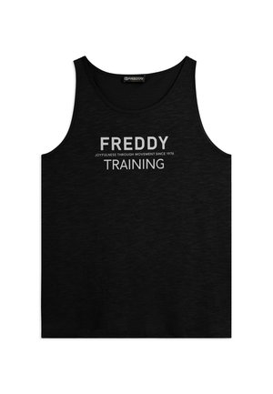 Canotta nera da allenamento senza maniche con la scritta "FREDDY JOYFULNESS THROUGH MOVEMENT SINCE 1976 TRAINING" stampata in bianco sul davanti.