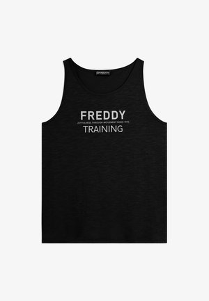 Canotta nera da allenamento senza maniche con la scritta "FREDDY JOYFULNESS THROUGH MOVEMENT SINCE 1976 TRAINING" stampata in bianco sul davanti.