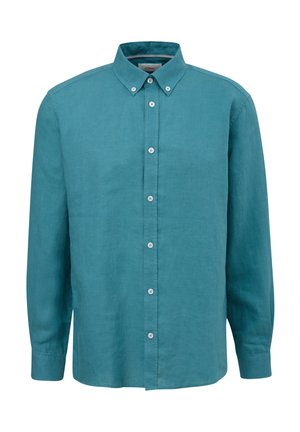 Türkisblaues Leinenhemd mit klassischem Kragen, langen Ärmeln und weißen Knopfverschlüssen an der Vorderseite. Glatte Textur.