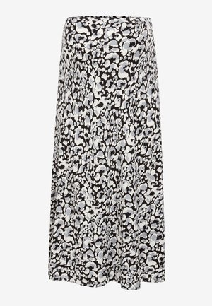 Jupe maxi avec une base noire et un motif floral abstrait blanc et gris clair, fabriquée dans un tissu léger au toucher lisse.