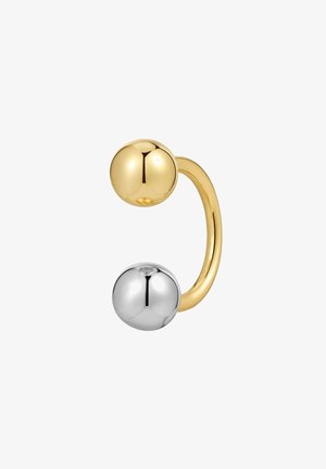 Gold and silver asymmetrical ear cuff with two spherical ends, featuring a smooth metallic finish and a curved design.