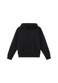 Zwarte hoodie gemaakt van een katoenmix, met een voorzak, een kap met trekkoorden en ribgebreide manchetten en zoom. Eenvoudig, effen ontwerp.