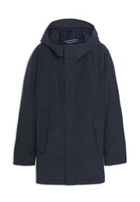 Námořnický modrý insulated kabát s kapucí, předním zipem, dvěma bočními kapsami a dlouhými rukávy. Hladká textura s minimalistickým designem.