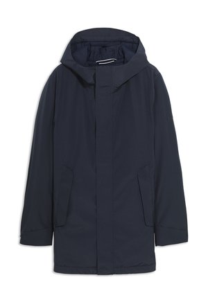 Marineblauer isolierter Mantel mit Kapuze, Frontreißverschluss, zwei Seitentaschen und langen Ärmeln. Glatte Textur mit minimalistischem Design.