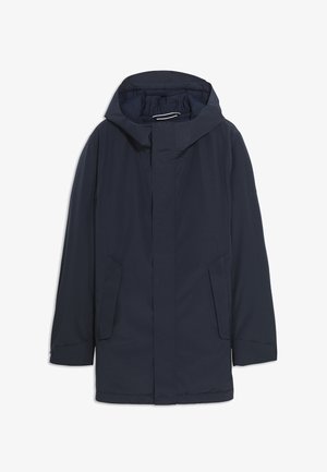 Tummansininen eristetty takki, jossa on huppu, edessä vetoketjukiinnitys, kaksi sivutaskua ja pitkät hihat. Sujuva pinta ja minimalistikujäinen muotoilu.