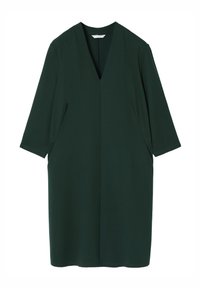 Robe vert foncé avec un col en V, des manches trois quarts, une coupe ample et des poches latérales. Fabriquée en tissu lisse et léger.