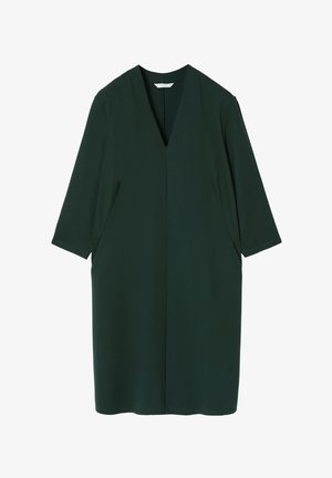 Rochie verde închis cu decolteu în V, mâneci 3/4, croială largă și buzunare laterale. Confectionată dintr-un material fin și ușor.