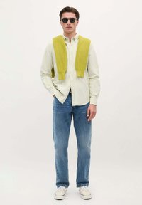 Camicia a righe verde chiaro con bottoni, abbinata a jeans blu chiaro, maglione giallo di lana posato sulle spalle e occhiali da sole neri.