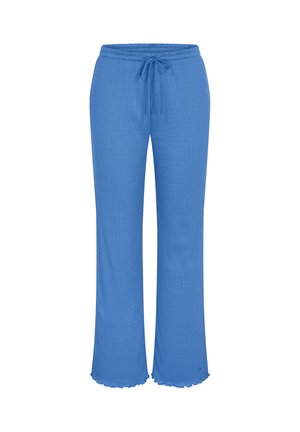 Niebieskie spodnie dresowe z prążkowanego dzianego materiału, o szerokich nogawkach, z elastyczną talią, sznurkiem do wiązania i falbankami na końcach nogawek.