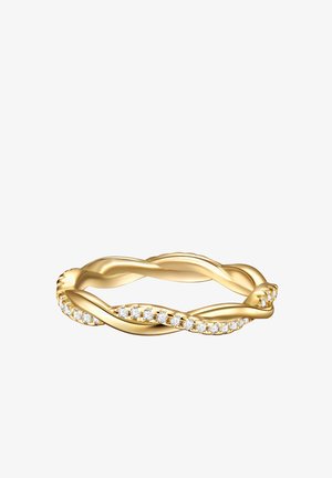 Goldener gedrehter Bandring mit einem Strang, besetzt mit kleinen runden Diamanten entlang der Hälfte seiner Länge auf weißem Hintergrund.