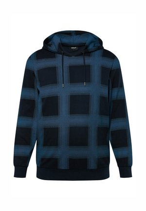 Sweat à capuche bleu marine foncé avec un motif à carreaux dans des nuances variées de bleu. Présente des cordons de serrage et des poignets côtelés.