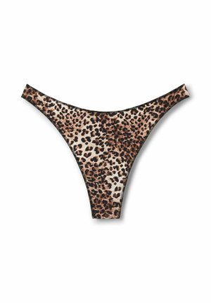 String im Leopardenmuster aus weichem Stoff, mit niedrigem Bund, schmalen Seiten und kontrastierendem schwarzem Rand an den Kanten.