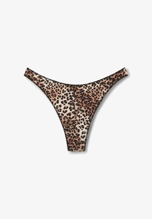 String im Leopardenmuster aus weichem Stoff, mit niedrigem Bund, schmalen Seiten und kontrastierendem schwarzem Rand an den Kanten.