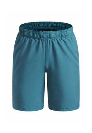 Turquoise sportbroekje met een elastische tailleband, gladde textuur en rechte snit. Geen zichtbare logo's of extra patronen.