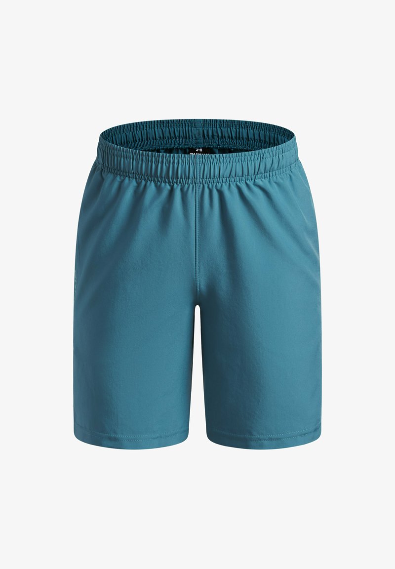 Pantalones cortos deportivos de color verde azulado con una cintura elástica, textura suave y corte recto. Sin logotipos visibles ni patrones adicionales.