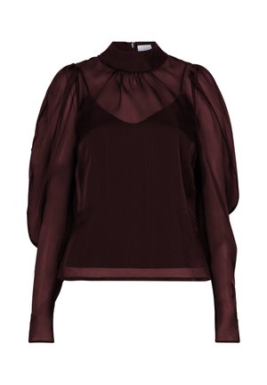 Bordeaux blouse met een hoge kraag, doorzichtige pofmouwen en een ritsluiting op de achterkant. Soepele stof met een subtiele glans.