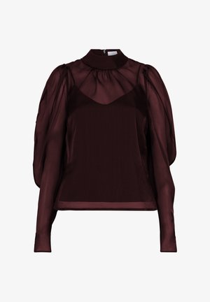 Bordeaux blouse met een hoge kraag, doorzichtige pofmouwen en een ritsluiting op de achterkant. Soepele stof met een subtiele glans.