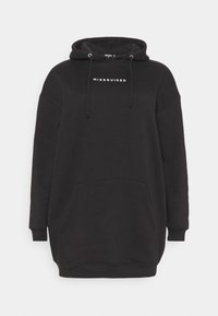 �Černá oversize mikina vyrobená z jemné tkaniny, s přední kapsou ve stylu klokan, nastavitelnými šňůrkami a bílým logem "MISSGUIDED".