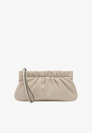 Beige leather clutch bag with ruched top and a matching wrist strap, shown against a white background.