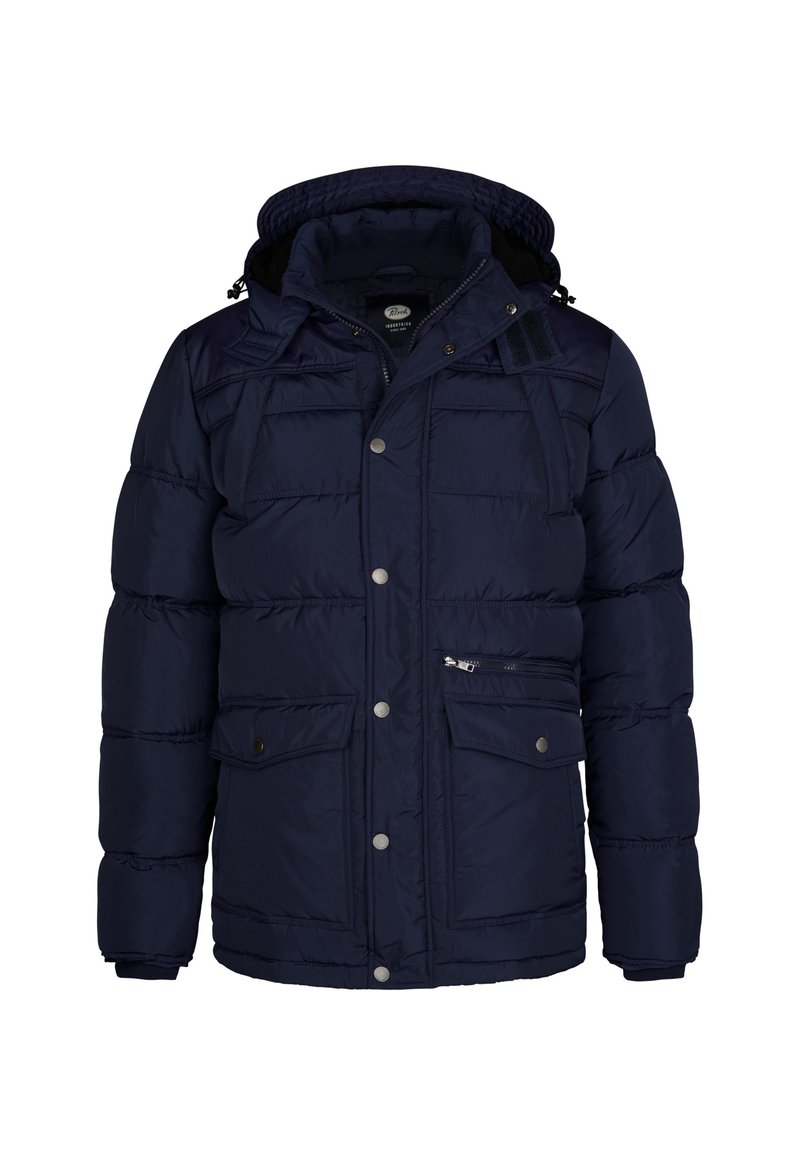 Veste matelassée bleu marine avec fermeture éclair et boutons-pression, dotée d'une capuche, de plusieurs poches avant et d'une texture matelassée.