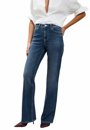 Dunkelblaue, hoch geschnittene Jeans mit geradem Bein. Verfügt über dezente Nähte, Fronttaschen und einen klassischen Knopfverschluss.