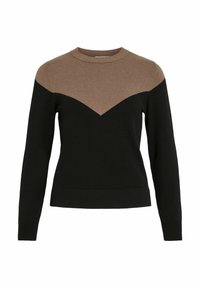Pull en tricot avec un corps noir et un motif en chevrons beige sur la poitrine. Col rond, manches longues et ourlet côtelé. Texture lisse.