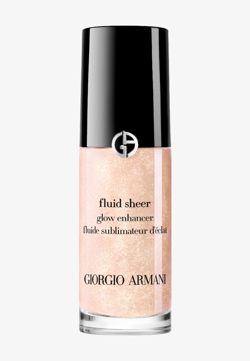 Giorgio Armani Fluid Sheer glow enhancer i en klar flaske med en blank svart hette. Inneholder en skimrende, lys rosa væske.