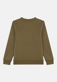 Ελιάς πράσινο πουλόβερ με μακριά μανίκια, ribbed λαιμό και στρίφωμα, μαλακή υφή και χωρίς ορατά γραφικά ή σχέδια. Εμφανίζεται η πίσω όψη.