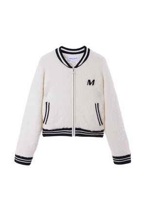 Geknipt wit fleece jack met zwarte geribbelde manchetten en zoom. Beschikt over een ritssluiting en een geborduurd "M" op de borst.